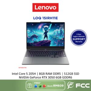 Lenovo LOQ 15IRH11E Intel Core 5 205H 8GB 256GB SSD NVIDIA GeForce RTX 3050 6GB GDDR6, Boost Clock 1732MHz, TGP 75W